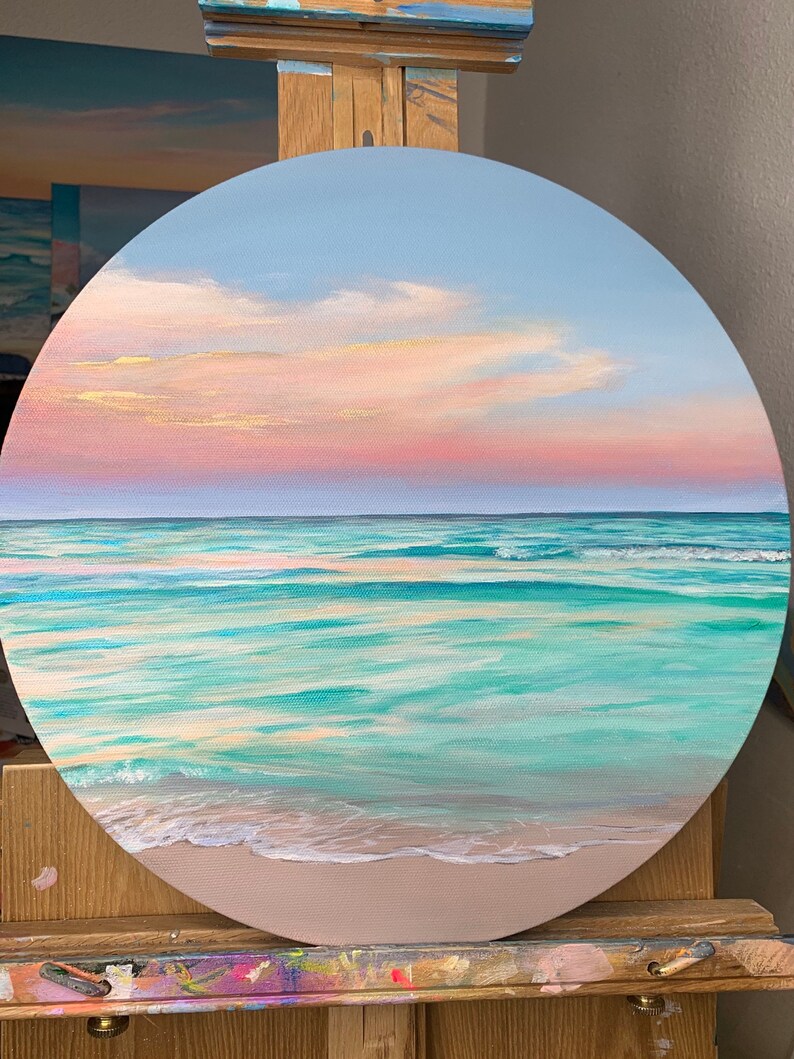Original Pastel Seascape Acrylic Painting. 14 Round Canvas. Etsy