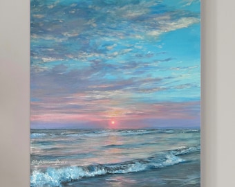 Sunset Ocean Painting. Original Acrylic Painting. Coastal Wall Art.