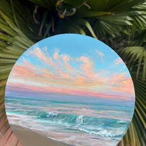 Whisper Wave – 12” Round Ocean Painting | Original Acrylic Art on Canvas | Turquoise Sea & Peach Cloud Wall Art