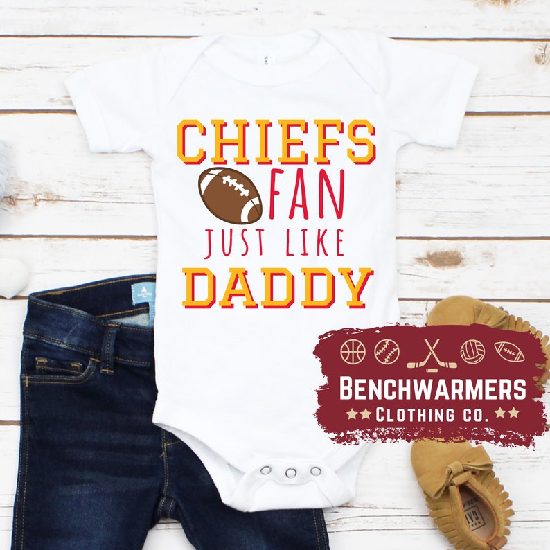 Kansas City Chiefs Fan Like Daddy Onesies\u00ae Football Jersey .Baby Shower Gift Baby Graphic Onesies\u00ae Kansas City Chiefs Football