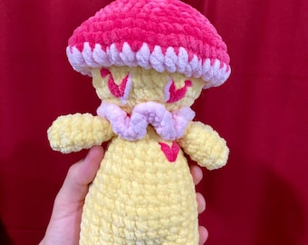 MAPLE the Small Mushroom Guy Handmade Crochet Plush, Stuffed Pink & Yellow Mushroom Person Amigurumi