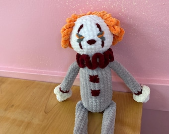PENNIE the Dancing Horror Clown Handmade Crochet Plush, Stuffed Dangly Legged Clown Amigurumi
