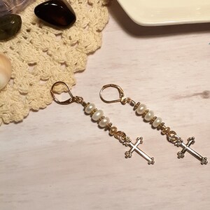 Earrings, gold cross, pearls, fresh water pearls, handmade