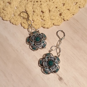 Earrings, flower, turquoise, enamel, antique silver, filigree, handmade