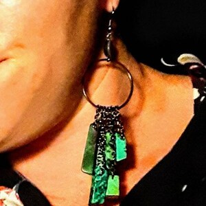 Earrings - Malachite brick dangle hoops  - gunmetal findings