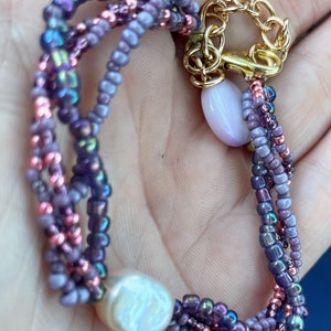 Bracelet - Genuine fresh water pearl/ smoke lavender mother of pearl / violet iridescent gold tone pearl bracelet