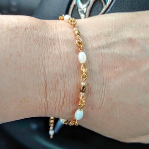 Bracelet, nautical, mother of pearl, glass golden color beads, accent ivory color glass seed beads