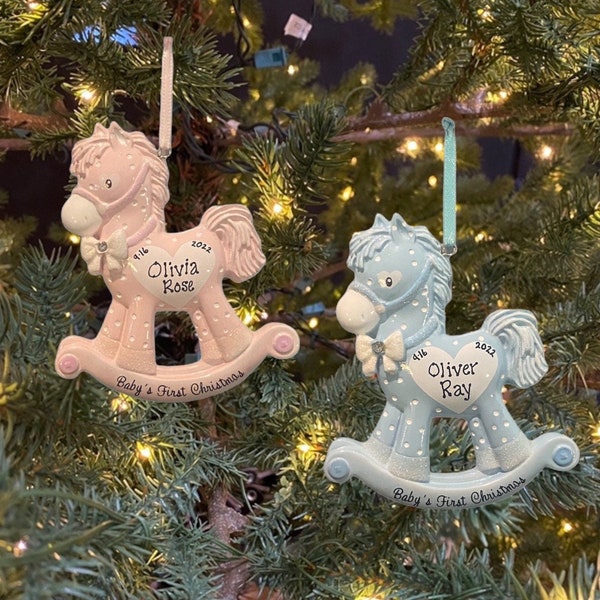 Baby Rocking Horse Blue Boy or Pink Girl My Baby’s First Custom Personalized Christmas Ornament Gift