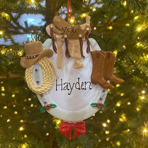 Cowboy or Cowgirl Western Horseshoe Saddle Boots Hat and Lasso Custom Personalized Christmas Ornament Western Fashion Gift