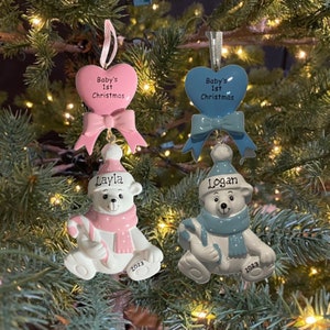 NEW Baby Bear Blue Boy or Pink Girl Personalized Babys First Christmas Ornament Custom Personalized Christmas Ornament Gift image 1