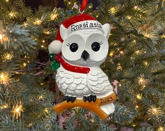 Personalized Snowy White Owl Ornament Custom Christmas Ornament with Name and Year Christmas Owl