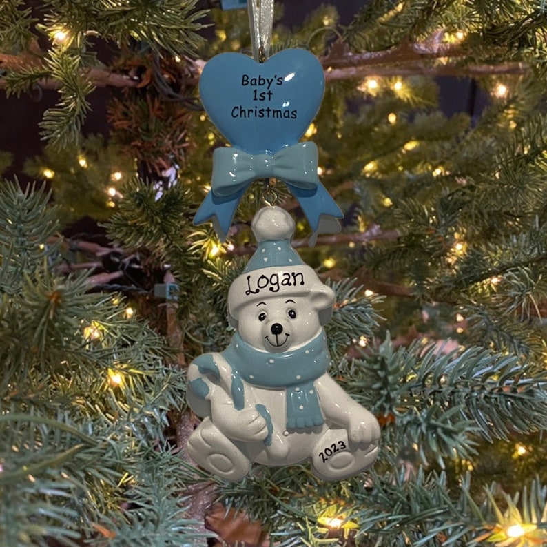 NEW Baby Bear Blue Boy or Pink Girl Personalized Babys First Christmas Ornament Custom Personalized Christmas Ornament Gift image 4