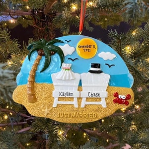 Wedding Just Married Beach Honeymoon Custom Personalized Christmas Ornament Wedding Announcement Gift Personalized Wedding Ornament