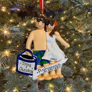 Vacation Beach Couple with Sunglasses Personalized Christmas and Valentine's Ornament Gift White Dress