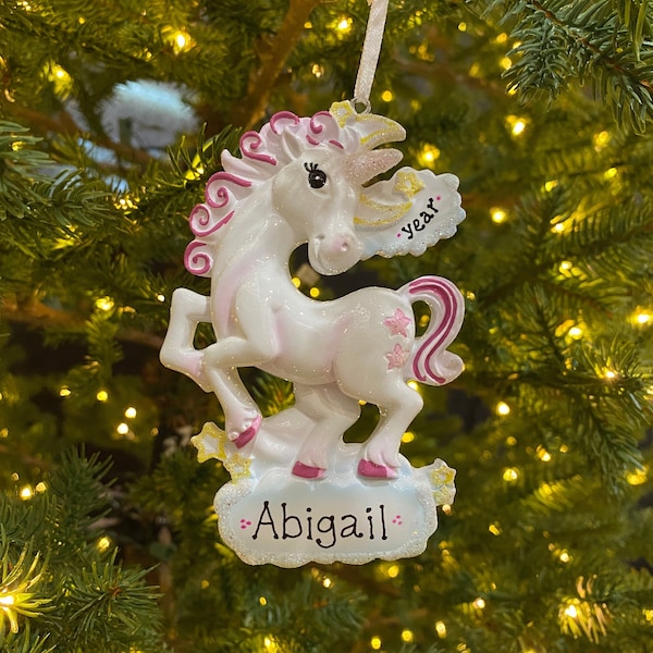 Glittery Unicorn on a Personalized Cloud with Custom Christmas Ornament with Name and Year for Little Girls Personalized Unicorn Ornament