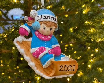 Snow Sledding Little Boy or Girl on Toboggan Custom Personalized Christmas Ornament Gift