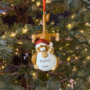 May include: A brown monkey Christmas ornament hanging upside down on a Christmas tree. The monkey is wearing a red Santa hat and has a white circle on its belly with the name "Marley" and the word "Year" written on it.