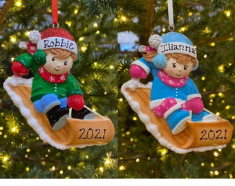 Little Boy or Girl Snow Sled on Toboggan Custom Personalized Christmas Ornament Gift