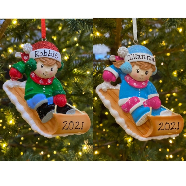 Little Boy or Girl Snow Sled on Toboggan Custom Personalized Christmas Ornament Gift