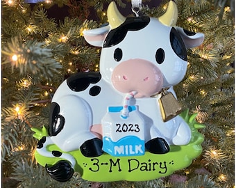 Cow Personalized Dairy Holstein Cow Ornament with Milk Carton Western Farm Family Home Custom Personalized Christmas Ornament Gift