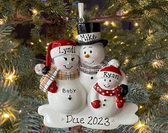 Expecting Snowman Couple with 1 Child Custom Personalized Christmas Ornament Pregnancy Announcement Gift New Mom Dad Baby Big Sis