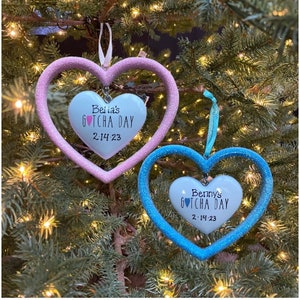 Adoption Gotcha Day Baby Custom Personalized Christmas Ornament Gift for Boy or Girls with Beautiful Dangling Heart