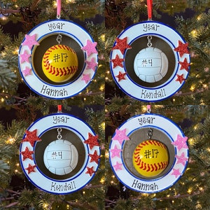 Softball or Volleyball Custom Personalized Christmas Ornament Gift for Woman Girl Boy Teen Man Dangling Spinning Ball Stars Jersey Number