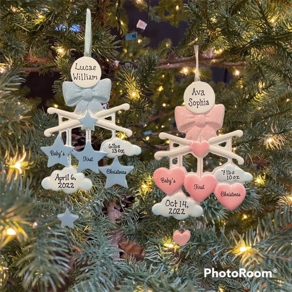 Baby Mobile Blue Boy or Pink Girl My Baby’s First Custom Personalized Christmas Ornament Gift