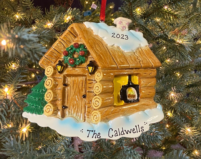 Log Home Cabin Christmas Ornament, Personalized Cabin Ornament, Family