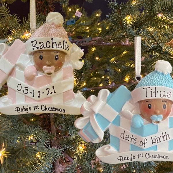 Baby’s First 1st Christmas in a Present Gift for Baby Boy or Girl with Dark Skin Hat Bow Binky Pacifier Custom Christmas Ornament