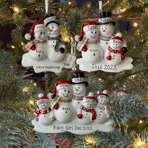 Expecting Snowman Couple with Optional  Children Custom Personalized Christmas Ornament Pregnancy Announcement Gift New Mom Dad Baby Big Sis