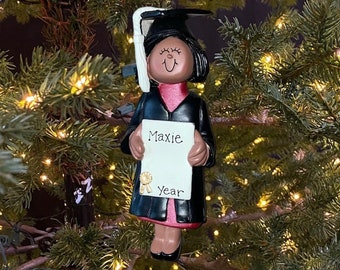 Grad Personalized Graduation Ornament Boy or Girl with Dark Skin Diploma and Tassel Custom Personalized Christmas Ornament Gift