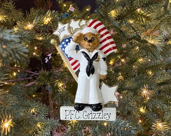 Personalized Navy Ornament Military Bears Salute with American Flag Custom Personalized Christmas Ornament Gift for Men Women