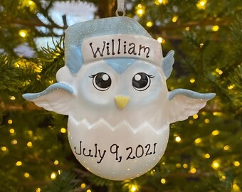 Baby Owl Ornament Owlet Ornament Boy Blue New Baby 1st First Christmas Custom Personalized Christmas Ornament Gift Announcement It's a Boy