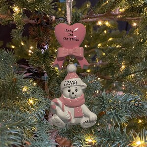 NEW Baby Bear Blue Boy or Pink Girl Personalized Babys First Christmas Ornament Custom Personalized Christmas Ornament Gift image 2