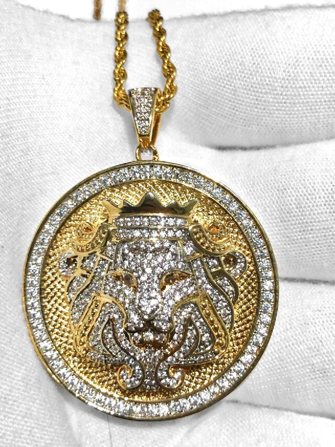 Diamond 14k Gold Finish Lion Coin Pendant / Lion Necklace / Etsy