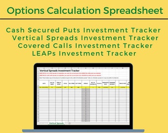 Options Trading Investment Tracker Bundle Write Strategies Built-in Calculations Spreadsheet Excel Vertical Spreads Covered Calls Puts LEAPs