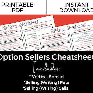 Könnte beinhalten: Ein druckbares Optionsverkäufer-Spickzettel mit rotem Hintergrund. Der Spickzettel enthält Informationen über vertikale Kredit-Spreads, Call-Kredit-Spreads, Put-Kredit-Spreads, Cash-Secured Puts und Covered Calls. Der Text "Option Sellers Cheatsheet" ist in großen, fetten Buchstaben am unteren Rand des Bildes geschrieben. Der Text "Includes:" ist in Kursivschrift unter dem Titel geschrieben. Der Spickzettel listet die folgenden Optionsstrategien auf: Vertical Spread, Selling (Writing) Puts und Selling (Writing) Calls.
