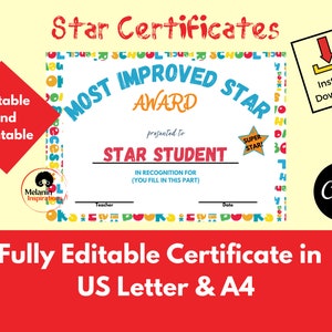 Editable School Certificates Superstar Awards Class Awards Most Improved Certificates DIY Printable Canva Editable: Instant Download