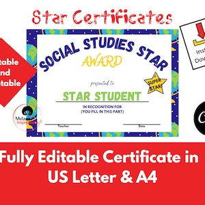 Editable School Certificates Superstar Awards Class Awards Social Studies Certificates DIY Printable Canva Editable: Instant Download