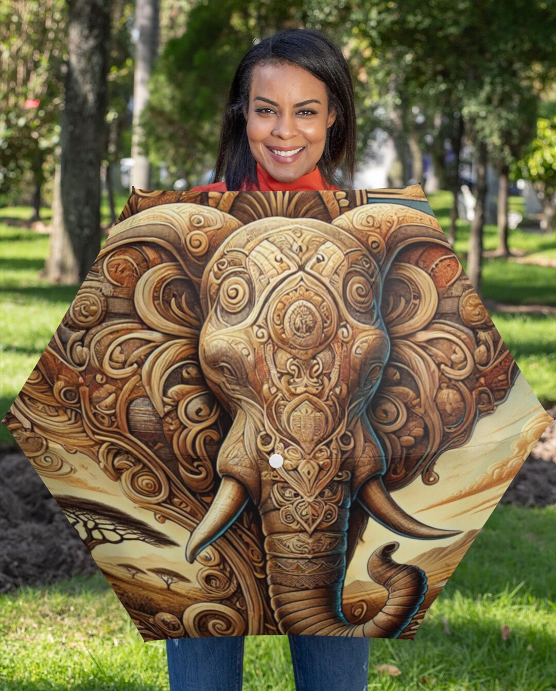 Red Elephant Aztec Pattern Print Foldable Umbrella
