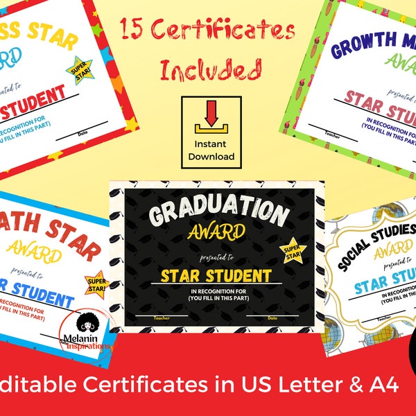 Editable School Star Certificates Superstar Awards Class Awards Certificates Graduation DIY Printable Canva Editable: Instant Download