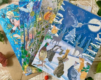Könnte beinhalten: Eine Sammlung von vier illustrierten Grußkarten mit Waldtieren und Winterszenen. Die Karten zeigen Eulen, Hirsche, Eichhörnchen und andere Wildtiere in einer verschneiten Waldlandschaft, mit Vollmond und sternenklarem Nachthimmel.