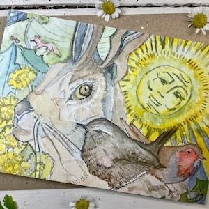 Der Hase, der Zaunkönig und das Rotkehlchen Grußkarte