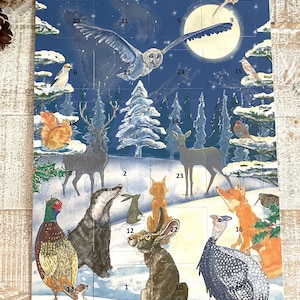 Pu&ograve; includere: Calendario dell'Avvento con una scena invernale con animali della foresta, tra cui un gufo, un cervo e una volpe. Il calendario ha finestre numerate per ogni giorno fino a Natale. Lo sfondo &egrave; un cielo blu scuro con la luna piena.