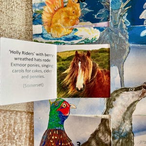 Pu&ograve; includere: Un collage con illustrazioni ad acquerello di fauna selvatica. Le immagini includono uno scoiattolo, un cervo, un cavallo, un fagiano e un tasso. Il testo include "Holly Riders" e informazioni sui pony Exmoor.