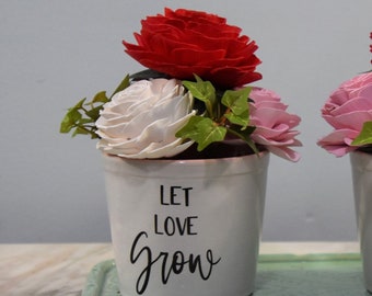 BEAUTIFUL! Red, white and pink roses with a message- &quot;Let Love Grow&quot; on a planter filled with long lasting Sola wood roses
