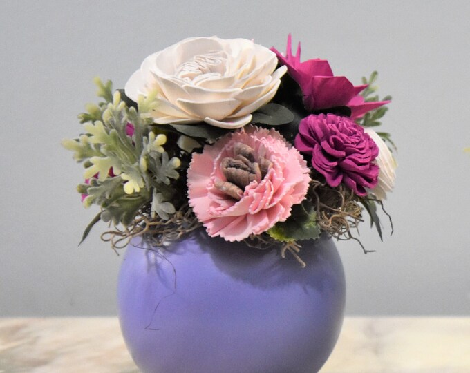 French lavender lilac rose bowl/ bubble vase with Sola raw wood flower arrangement of pinks and white