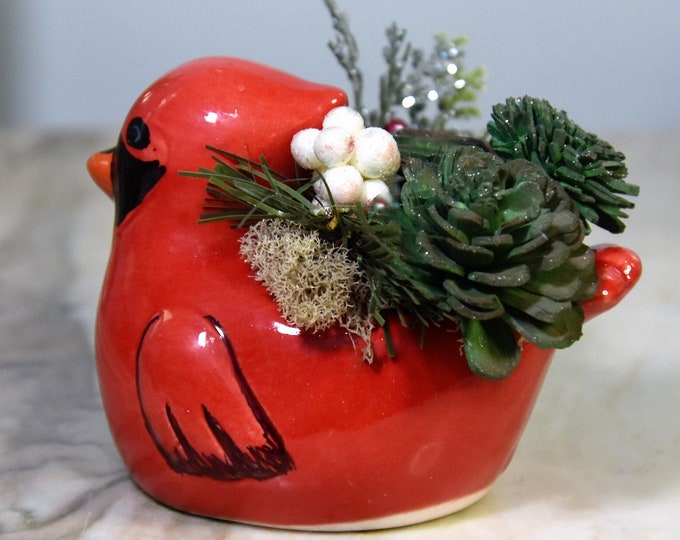 Small cardinal planter filled with sparkling airbrushed Sola wood succulents and fillers, Thanksgiving, Christmas, hostess, teacher gift