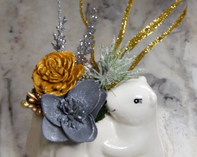 Sparkling silver and gold! Small ceramic polar bear planter filled Sola wood flowers and festive fillers, hostess, teacher gift